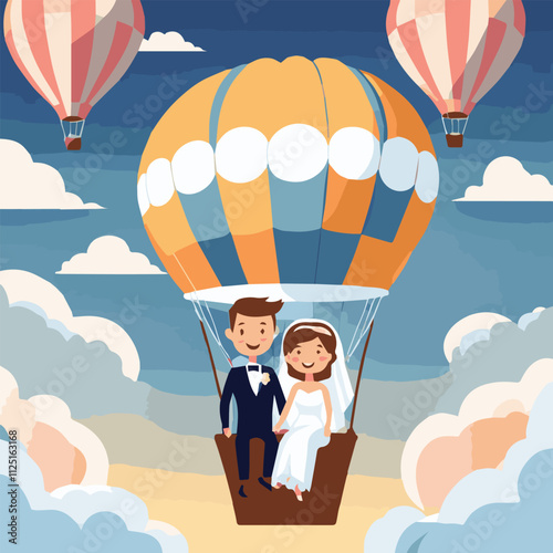 Cute love couple flying in large hot air balloon. Happy family have travel adventure. Happy people celebrate anniversary. Just married. Young adults fly over mountains. Trendy vector illustration.	