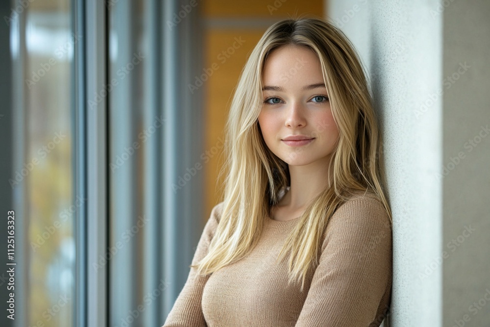 A beautiful young woman in college leans against a wall, her eyes fixed on the camera. A beautiful young woman in college leans against a wall, her eyes fixed on the camera.