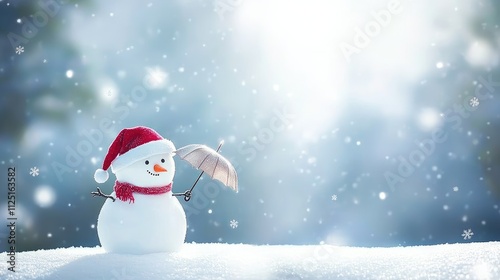 Festive Snowman with Santa Hat and Umbrella on White Snow, Blurred Winter Forest Background in Bright Sunlight, Falling Snowflakes Sky for Christmas and New Year's Day, Card Design or Banner