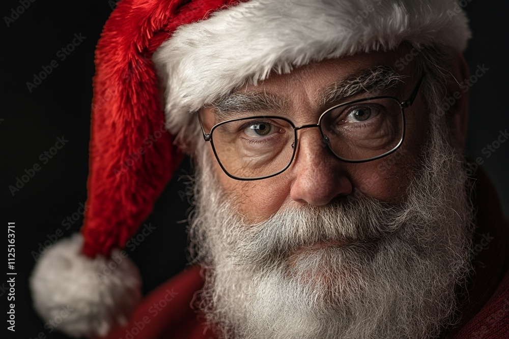 Santa Claus with glasses and a fluffy white beard, smiling warmly in a close-up shot. Santa Claus with glasses and a fluffy white beard, smiling warmly in a close-up shot.