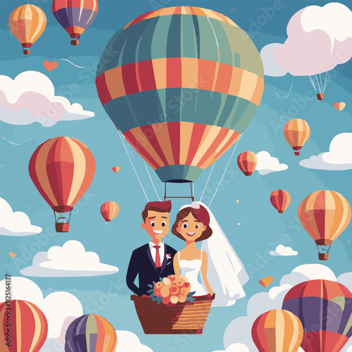 Cute love couple flying in large hot air balloon. Happy family have travel adventure. Happy people celebrate anniversary. Just married. Young adults fly over mountains. Trendy vector illustration.	