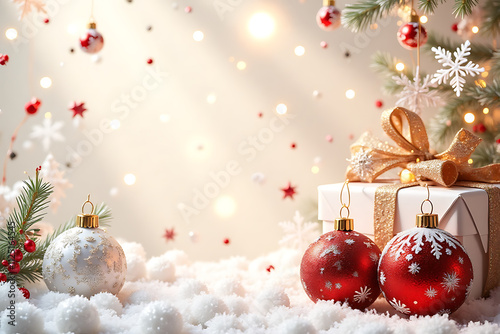 Beautiful Christmas background with white, red, gold, glittery balls, Christmas tree. Copy space. New Year.