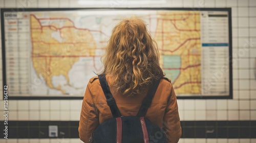 A young woman stands in front of a city map at a subway station, contemplating her route photo