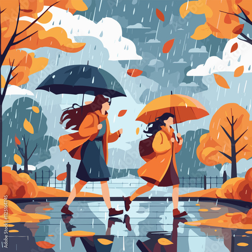 People with umbrellas walking on rainy day. Men and women outside under rain. Weather changes, autumn season concept. weather fall season. Vector illustration. Flat cartoon vector illustration.	