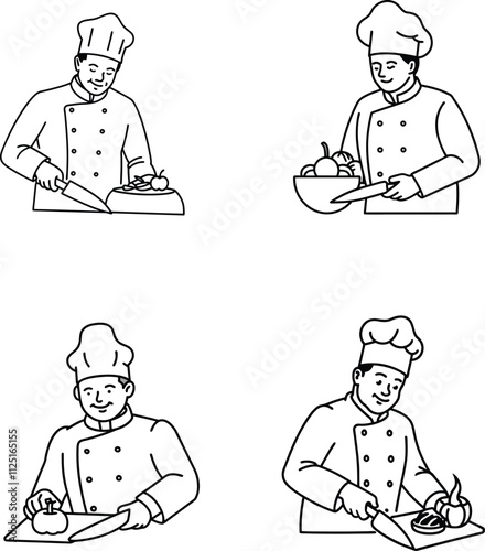 A Chef Slicing Vegetables Line Art Vector.