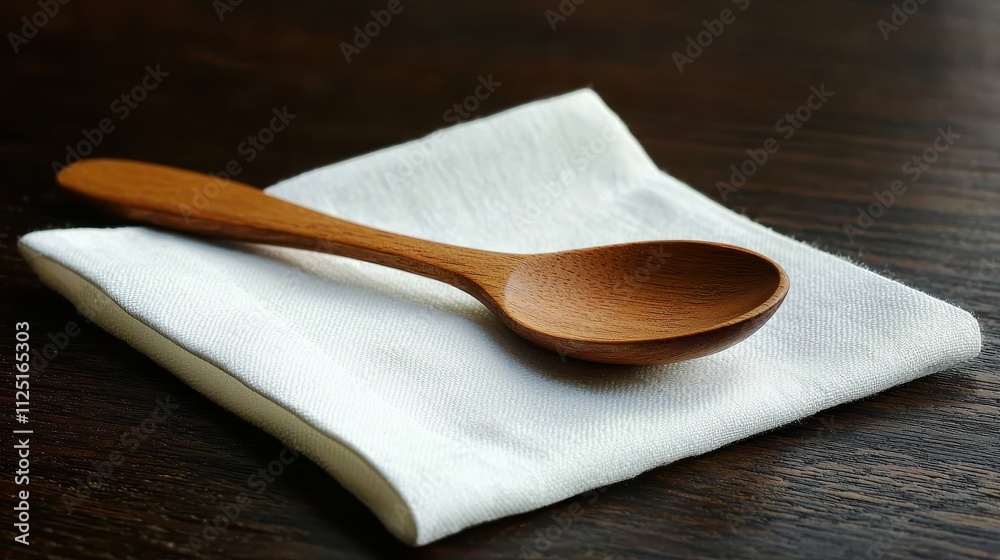 Wooden Spoon on White Cloth Napkin with Dark Wooden Background Wooden Spoon on White Cloth Napkin with Dark Wooden Background