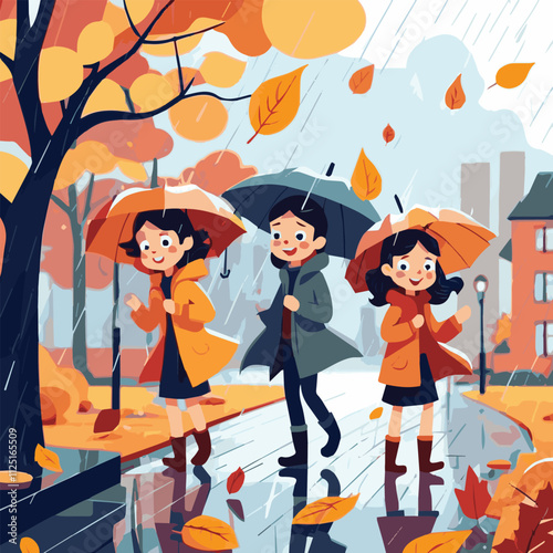 People with umbrellas walking on rainy day. Men and women outside under rain. Weather changes, autumn season concept. weather fall season. Vector illustration. Flat cartoon vector illustration.	