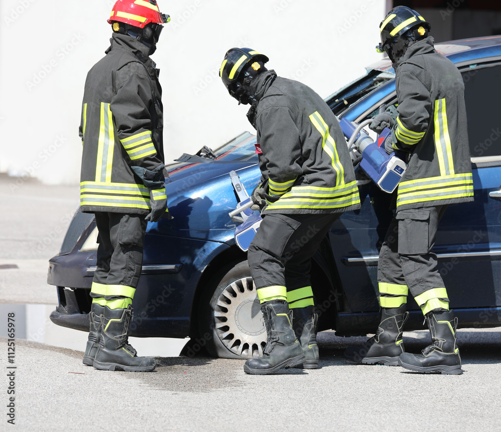Firefighters using hydraulic jaws to cut through the metal of a car involved in a car accident Firefighters using hydraulic jaws to cut through the metal of a car involved in a car accident