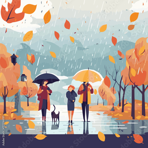 People with umbrellas walking on rainy day. Men and women outside under rain. Weather changes, autumn season concept. weather fall season. Vector illustration. Flat cartoon vector illustration.	