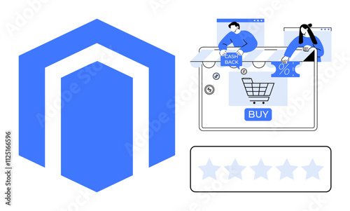 E-commerce interface with buying cart, cashback, discount offer, and user rating. Ideal for retail, digital marketing, consumer behavior, payment services, e-commerce tools shopping strategies