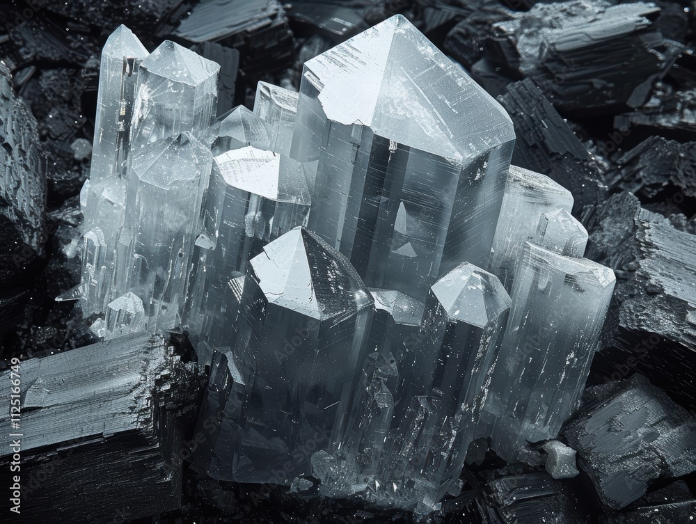A stunning close-up of intricately formed translucent crystal formations showcasing geometric patterns and shimmering surfaces in a natural setting A stunning close-up of intricately formed translucent crystal formations showcasing geometric patterns and shimmering surfaces in a natural setting