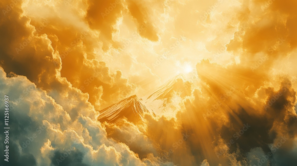 Obraz premium Mount Fuji with dramatic, golden sunset rays illuminating its snow-capped peak and surrounding clouds.
