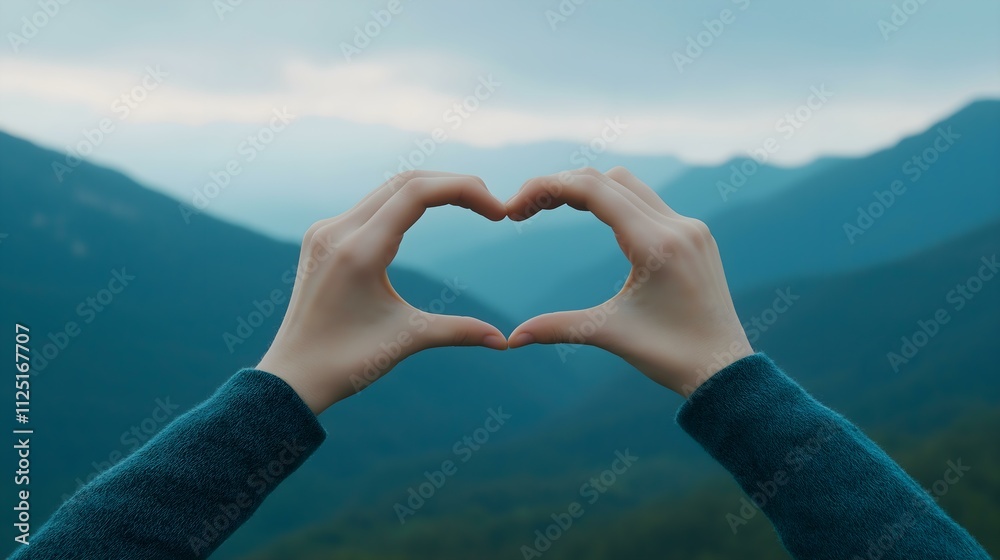 Fototapeta premium Two hands forming a heart shape against a breathtaking mountain landscape, symbolizing love, connection, and appreciation for nature.