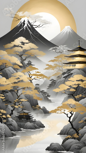 Elegant Japanese Landscape with Golden Pagodas, Serene Mountains, and Misty Water Reflections - Minimalist Zen Art Design for Peaceful and Tranquil Decor