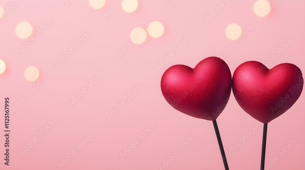 Two red heart-shaped ornaments on sticks against a soft pink background, creating a romantic and cheerful vibe perfect for love-themed projects and celebrations. Two red heart-shaped ornaments on sticks against a soft pink background, creating a romantic and cheerful vibe perfect for love-themed projects and celebrations.