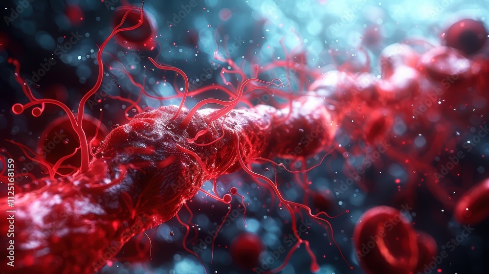 An intricate close-up visualization of human blood vessels showcasing the complex network and flow of blood cells within the circulatory system An intricate close-up visualization of human blood vessels showcasing the complex network and flow of blood cells within the circulatory system