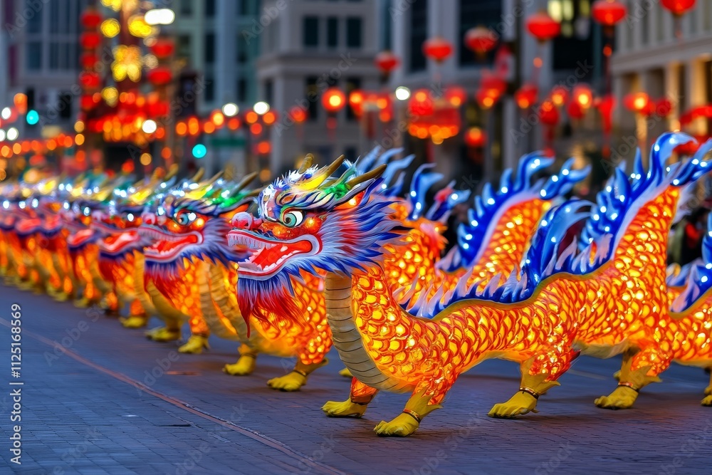 A dragon dance performance on a vibrant street, with performers in colorful costumes and festive lanterns overhead. Generative AI A dragon dance performance on a vibrant street, with performers in colorful costumes and festive lanterns overhead. Generative AI