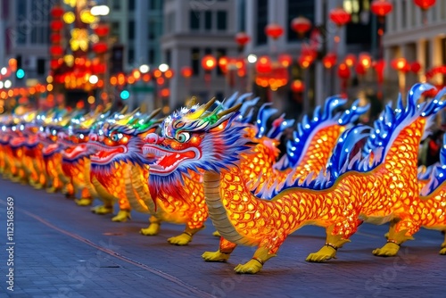 A dragon dance performance on a vibrant street, with performers in colorful costumes and festive lanterns overhead. Generative AI photo