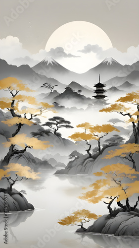 Japanese Minimalist Landscape: Golden Accents, Calm Waters, and Misty Peaks for a Relaxing Decor Touch