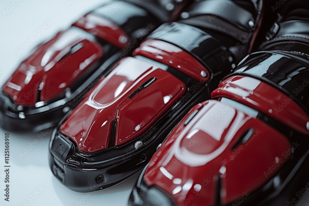 Naklejka premium Close-up of stunning black and red futuristic shoe design. This image showcases bold aesthetics in footwear. Perfect for fashion and tech enthusiasts. Generative AI
