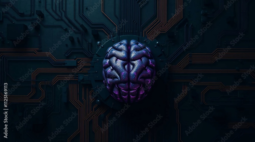 Cybernetic Brain: A mesmerizing 3D rendering of a human brain integrated into a futuristic circuit board, glowing with an ethereal purple light, symbolizing artificial intelligence. Cybernetic Brain: A mesmerizing 3D rendering of a human brain integrated into a futuristic circuit board, glowing with an ethereal purple light, symbolizing artificial intelligence.