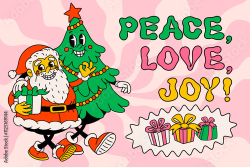 Groovy Christmas cartoon poster. vintage funny Santa Claus and Christmas tree...