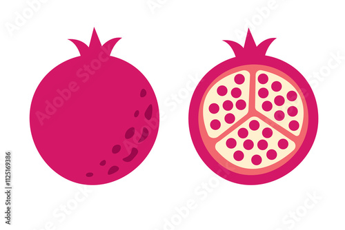 Pomegranate fruit with seeds. Colored exotic pomegranate whole and half cutted fruit. Vector illustration isolated in white background