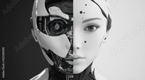 Futuristic cyborg with half human face black and white