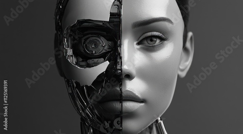 Half human, half robot face, artistic black and white