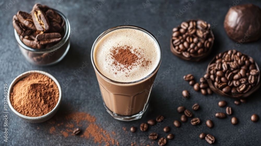 Glass of coffee latte topped with cocoa powder surrounded by roasted coffee beans, cocoa powder, and chocolate pieces on a dark background Glass of coffee latte topped with cocoa powder surrounded by roasted coffee beans, cocoa powder, and chocolate pieces on a dark background