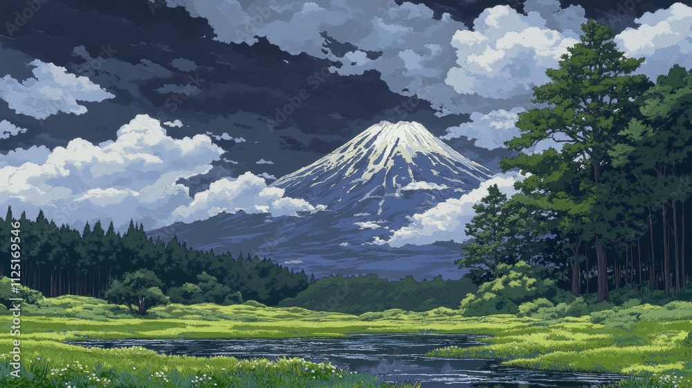 Obraz premium Realistic view of Mount Fuji with lush green meadows in the foreground and a dramatic, cloudy sky adding depth.