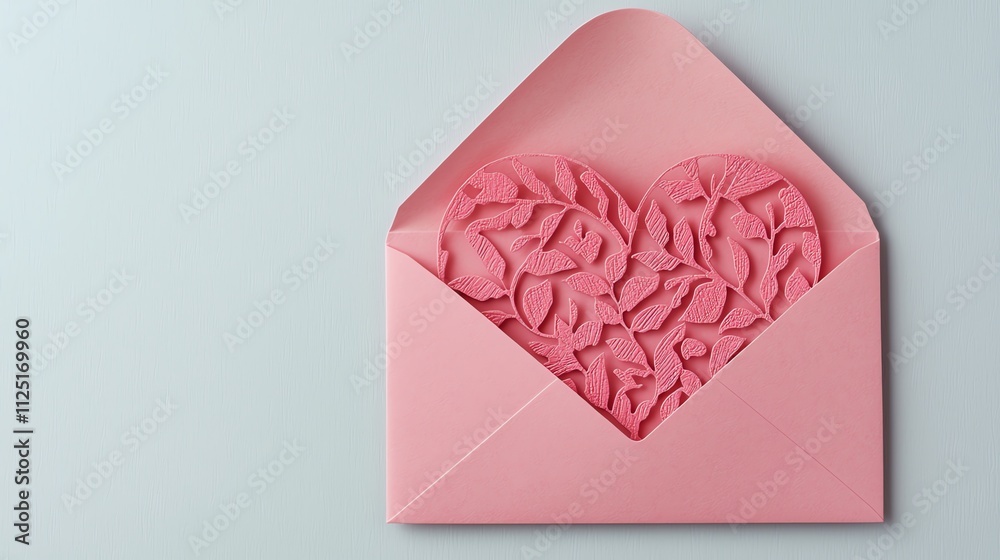 A delicate heart made of leaves inside a pink envelope, symbolizing love and nature. A delicate heart made of leaves inside a pink envelope, symbolizing love and nature.