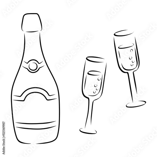 Set of champagne bottle and pair glass outline silhouette