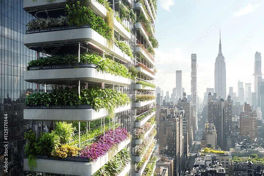 Obraz premium A futuristic green building adorned with vibrant plants overlooks a bustling city skyline.