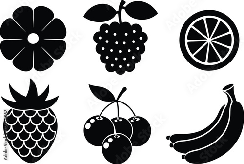 6 Vector Silhouette Fruits Icon Set - Minimalist Fruit Clipart Collection