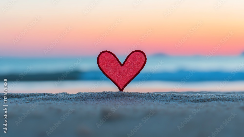 Fototapeta premium A heart shape in sand at sunset, symbolizing love and serenity by the beach.