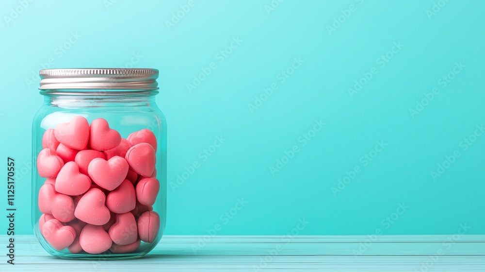 A jar filled with pink hearts against a vibrant turquoise background. A jar filled with pink hearts against a vibrant turquoise background.