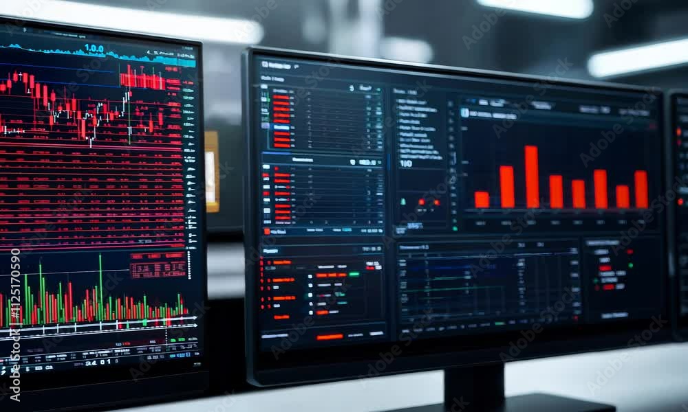 A modern workspace displaying multiple screens with data analytics, charts, and graphs, highlighted in red against a dark background. A modern workspace displaying multiple screens with data analytics, charts, and graphs, highlighted in red against a dark background.