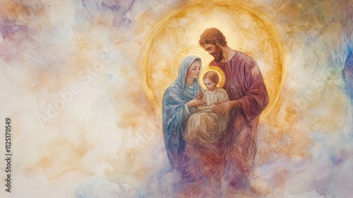 Realistic watercolor painting of the Holy Family with radiant halos, detailed brushwork, and a divine, glowing ambiance.