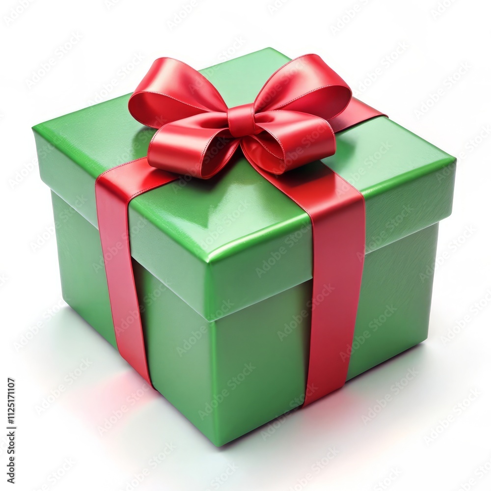 Obraz premium Matte Green Gift Box with Shiny Red Ribbon Bow on White Background, Simple and Elegant