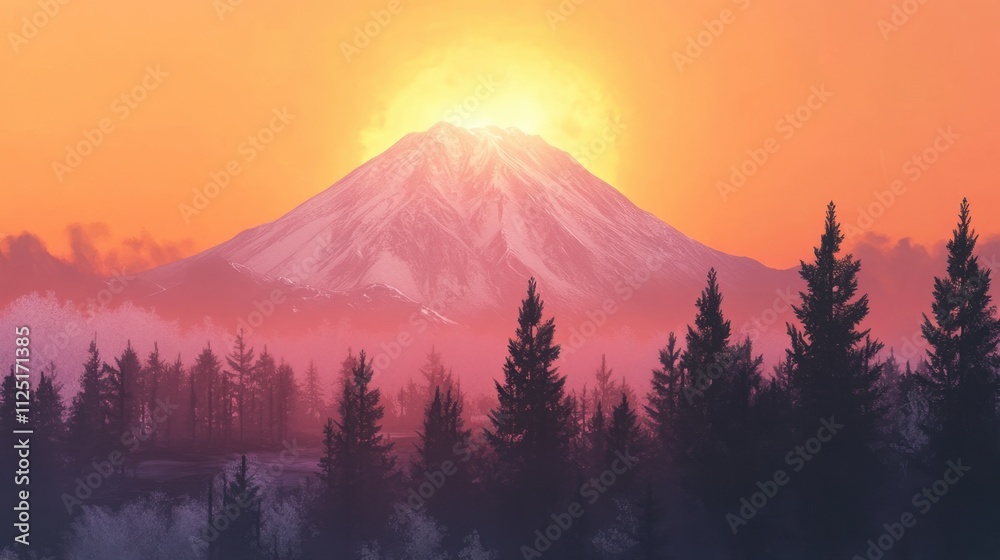 Fototapeta premium Snow-capped Mount Fuji in winter, surrounded by frost-covered trees and a vibrant orange sunrise.