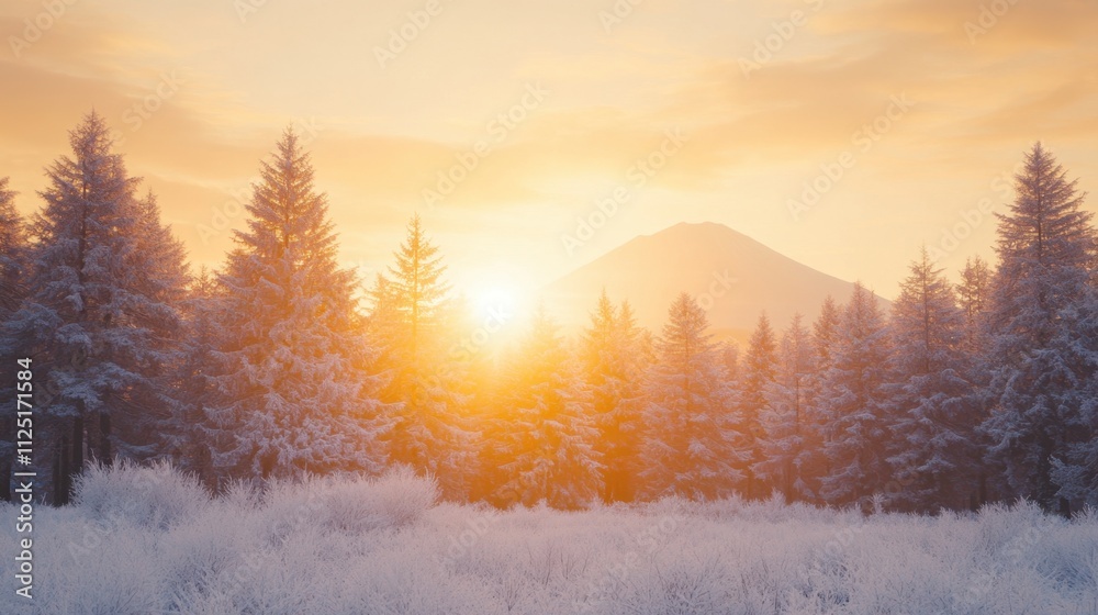 Snow-capped Mount Fuji in winter, surrounded by frost-covered trees and a vibrant orange sunrise. Snow-capped Mount Fuji in winter, surrounded by frost-covered trees and a vibrant orange sunrise.
