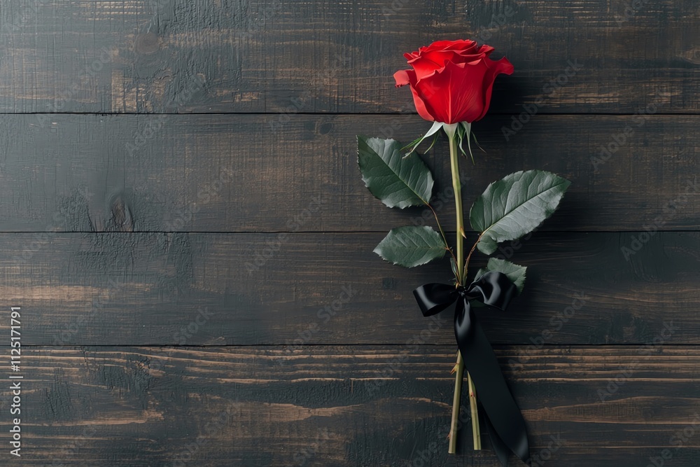 A red rose with green leaves on a dark wooden background, symbolizing love and beauty. A red rose with green leaves on a dark wooden background, symbolizing love and beauty.