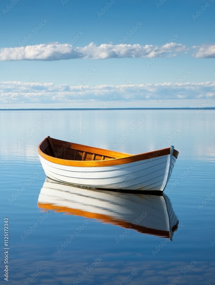 A single wooden boat floats on tranquil waters, perfectly mirroring the clear blue sky, inviting peace and contemplation in nature. Generative AI A single wooden boat floats on tranquil waters, perfectly mirroring the clear blue sky, inviting peace and contemplation in nature. Generative AI