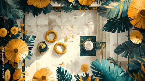 Overhead view of serene courtyard with golden rings, teal plants, and sunlight. photo