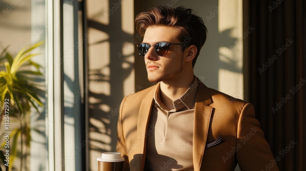 Portrait of a stylish man in sunglasses holding a coffee cup, standing by a window with sunlight and shadows Portrait of a stylish man in sunglasses holding a coffee cup, standing by a window with sunlight and shadows