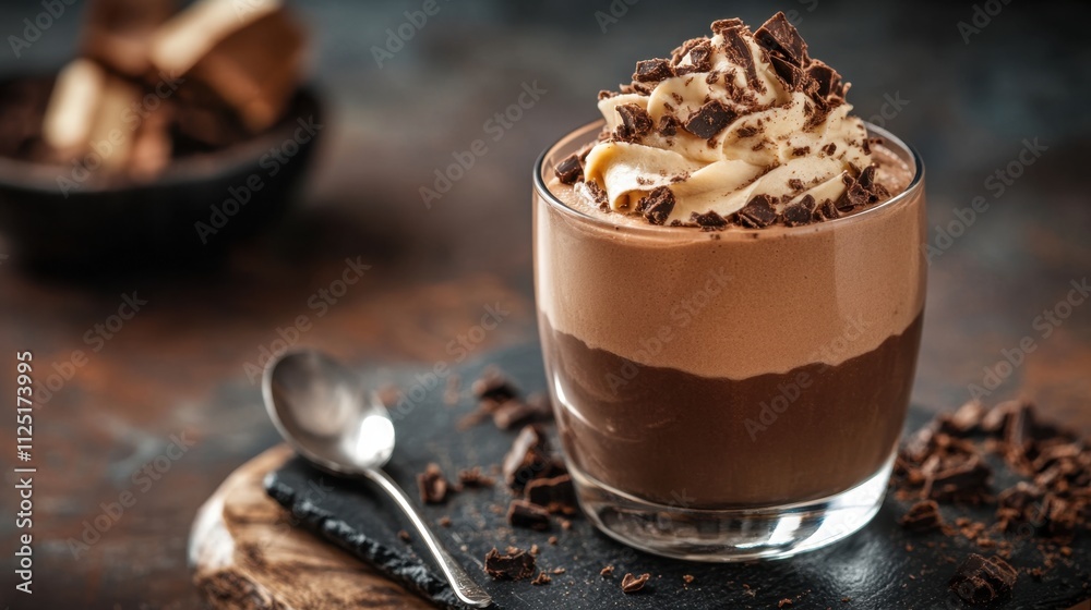 Glass of chocolate mousse topped with whipped cream and chocolate shavings, served with a spoon on a dark rustic background