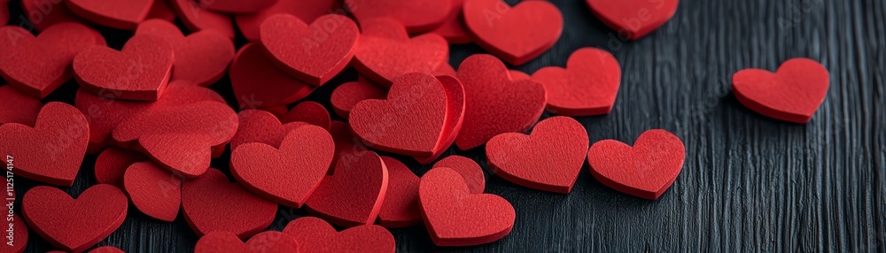 Obraz premium A vibrant collection of red heart shapes scattered on a dark wooden surface.