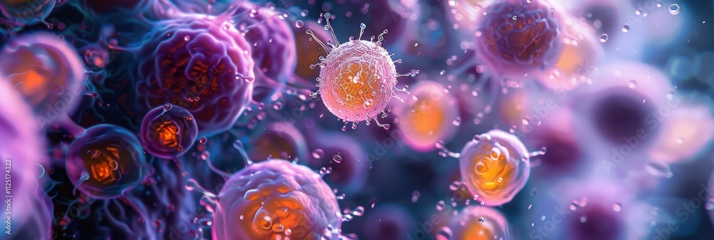 A vibrant and detailed microscopic view showcasing various cells in vivid colors, illuminating the intricate complexity of microscopic life forms at a cellular level A vibrant and detailed microscopic view showcasing various cells in vivid colors, illuminating the intricate complexity of microscopic life forms at a cellular level