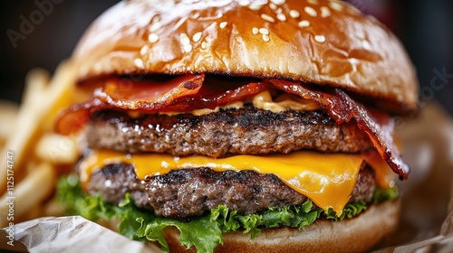 A mouthwatering double cheeseburger stacked with crisp bacon, melted cheese, and fresh lettuce, showcasing the ultimate indulgence in savory flavor and texture.